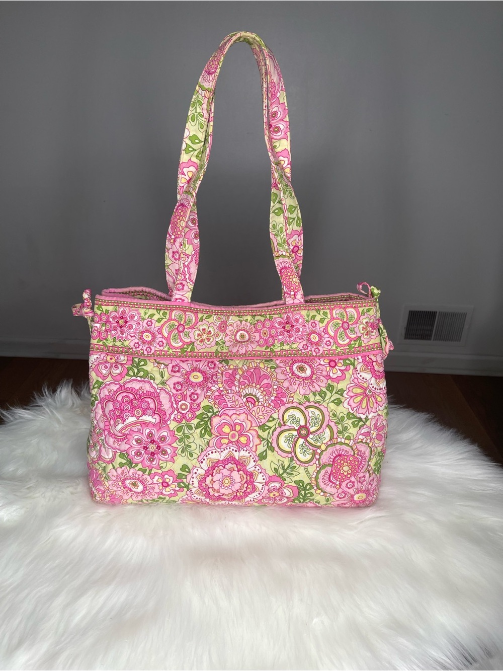 Vera Bradley Pink Floral Quilted Tote with Green Accents